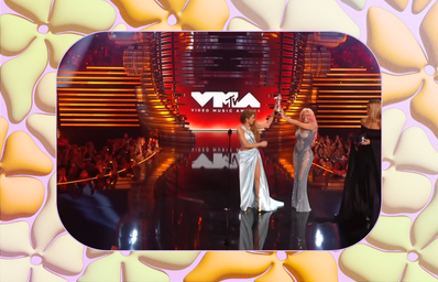 Shakira and Karol G onstage at the 2023 MTV VMAs