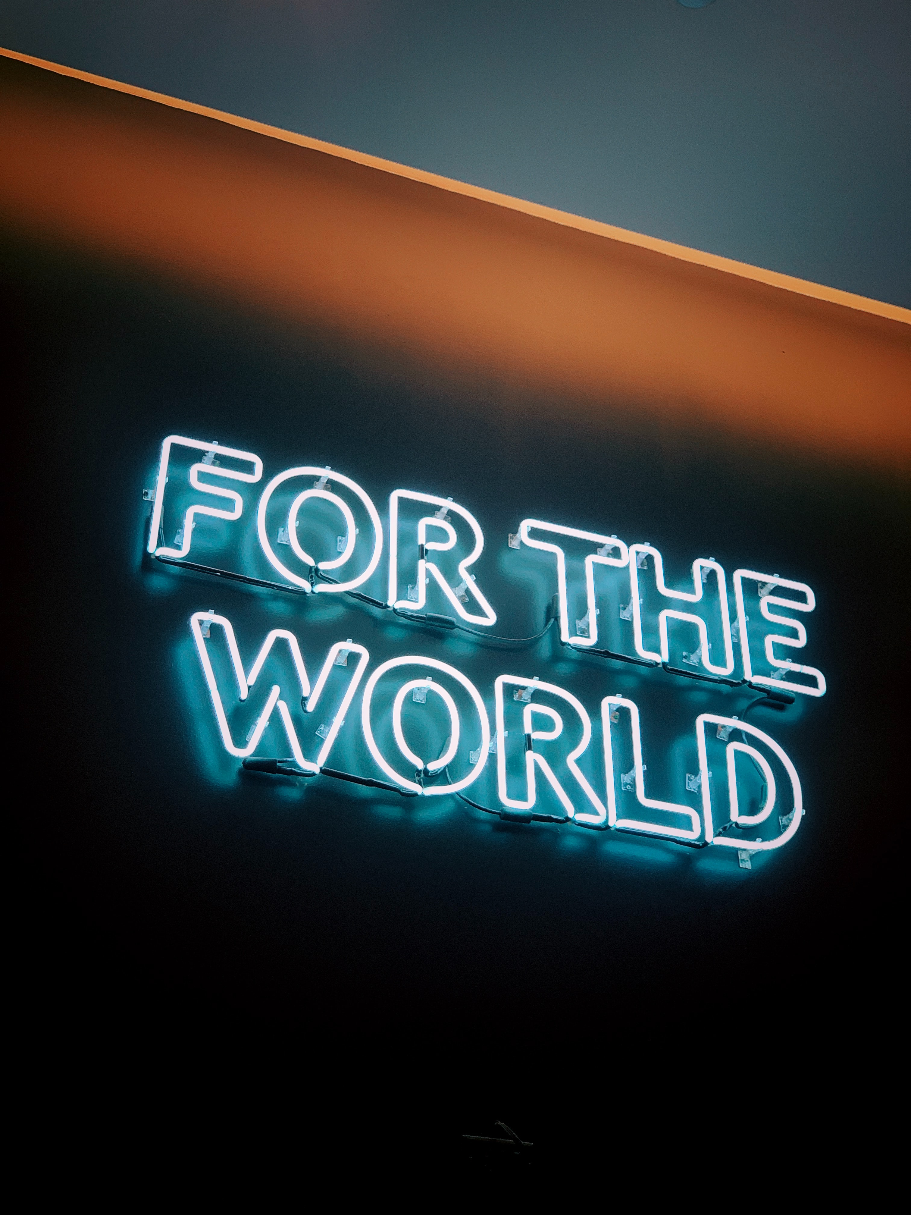 \'For the World\' blue neon sign against a black background.