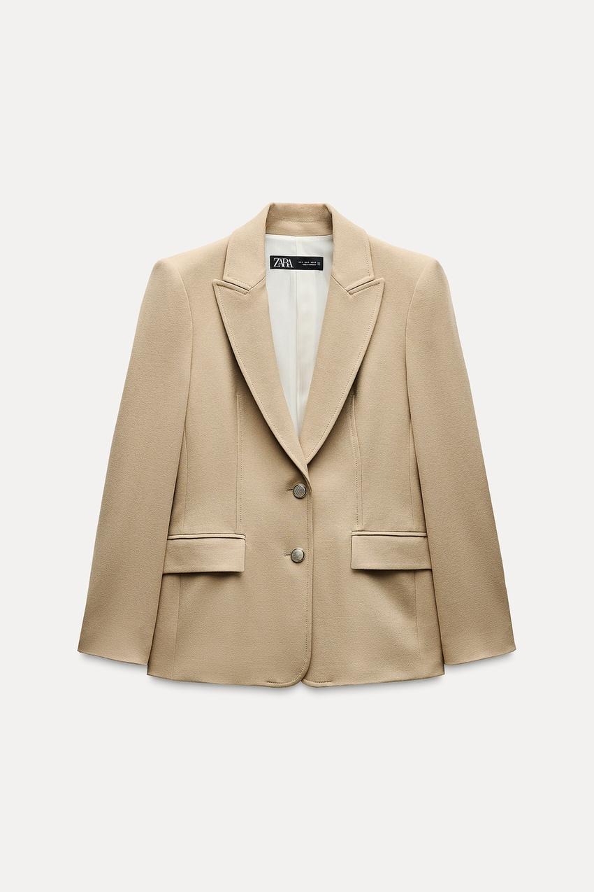 ZARA Gold Button Fitted Blazer in Taupe Brown