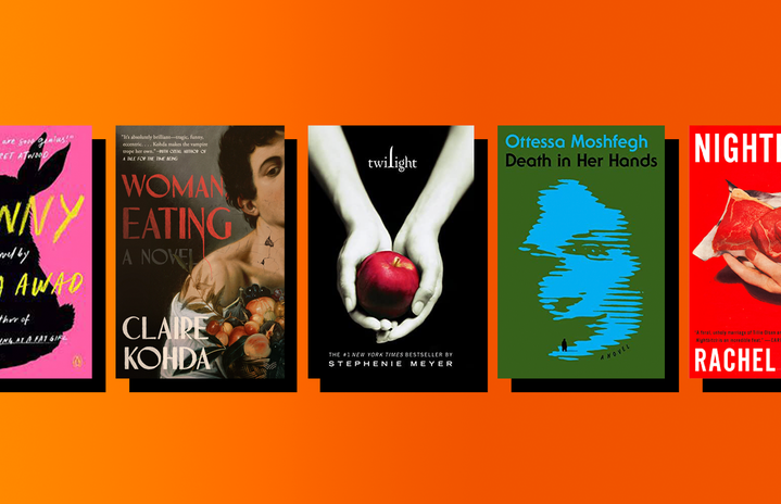 Five book covers on an orange background