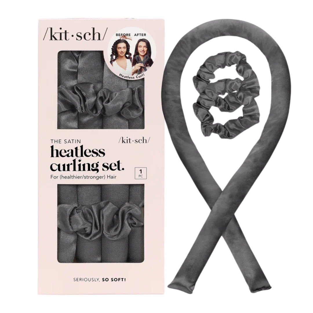 The image shows a Kit Sch heatless curling set, including a gray curling rod and scrunchie, with before-and-after hair photos on the packaging.