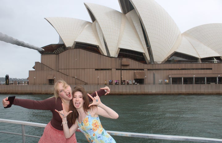 Timer picture of me and my study abroad roommate Sophie in front of the Opera House