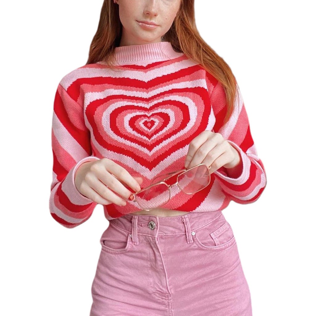 Caitzr Love Heart Print Sweater Knitted Pullover