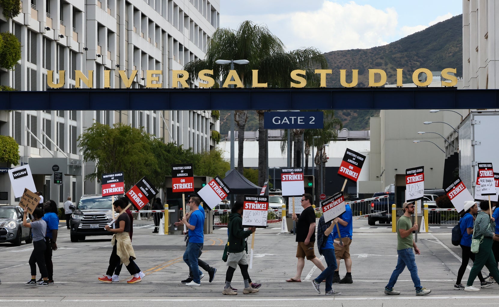 wga strikers outside universal studios