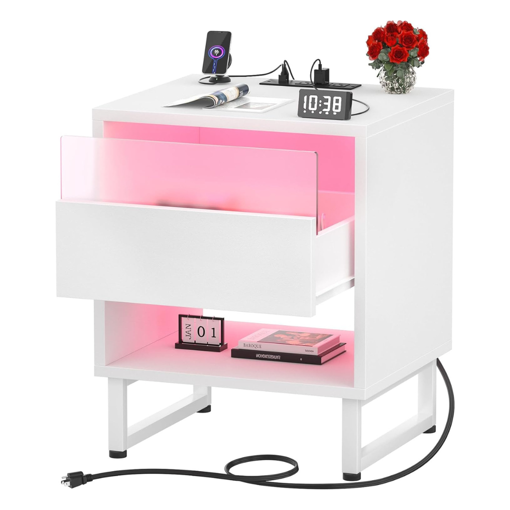 white nightstand with pink LED lights inside