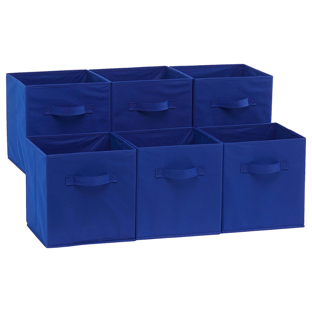 navy blue fabric square storage boxes with handles