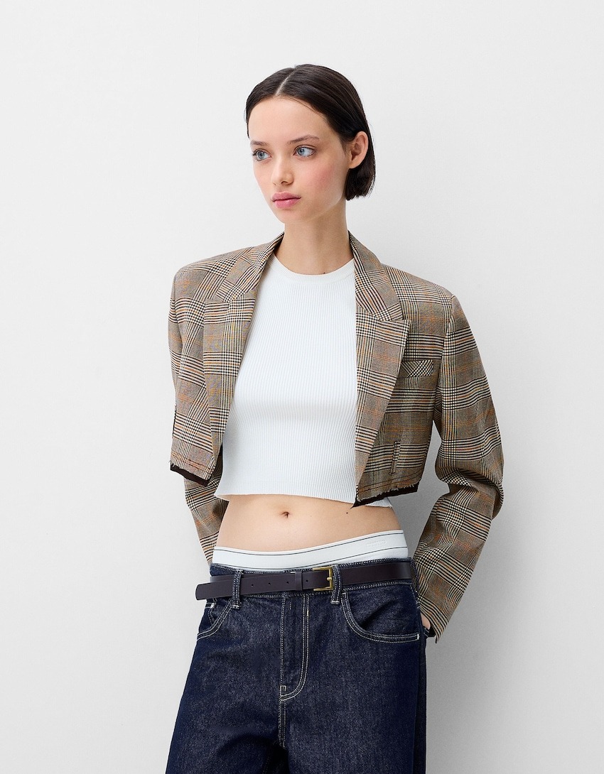 Bershka Cropped Blazer with Frayed Hem
