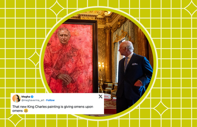 LONDON, ENGLAND - MAY 14: Artist Jonathan Yeo and King Charles III stand in front of the portrait of the King Charles III by artist Jonathan Yeo as it is unveiled in the blue drawing room at Buckingham Palace on May 14, 2024 in London, England. The portrait was commissioned in 2020 to celebrate the then Prince of Wales\'s 50 years as a member of The Drapers\' Company in 2022. The artwork depicts the King wearing the uniform of the Welsh Guards, of which he was made Regimental Colonel in 1975. The canvas size - approximately 8.5 by 6.5 feet when framed - was carefully considered to fit within the architecture of Drapers\' Hall and the context of the paintings it will eventually hang alongside. Jonathan Yeo had four sittings with the King, beginning when he was Prince of Wales in June 2021 at Highgrove, and later at Clarence House. The last sitting took place in November 2023 at Clarence House. Yeo also worked from drawings and photographs he took, allowing him to work on the portrait in his London studio between sittings.