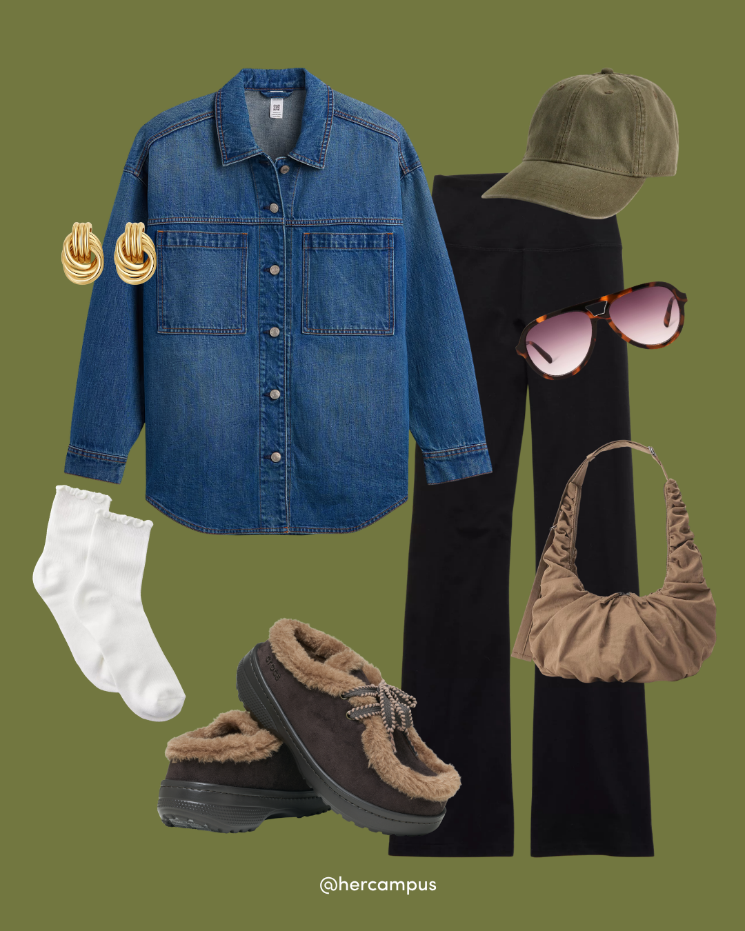 A casual outfit collage on an olive background features a blue denim shirt, black wide-leg pants, khaki cap, pink sunglasses, gold hoops, white socks, brown slippers, and a taupe handbag. The styling feels relaxed and cozy.
