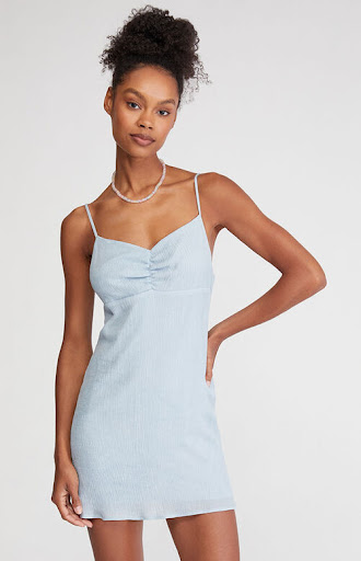 blue cinched mini babydoll dress spring outfits