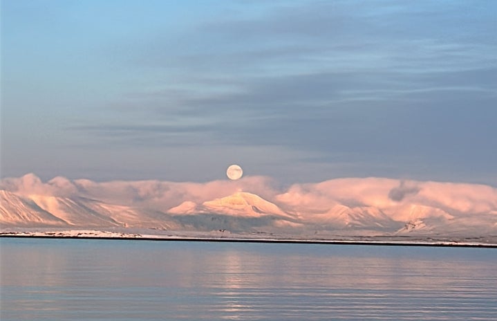 A landscape shot of the Iceland horizon. It captures the moon over some glaciers in the background.