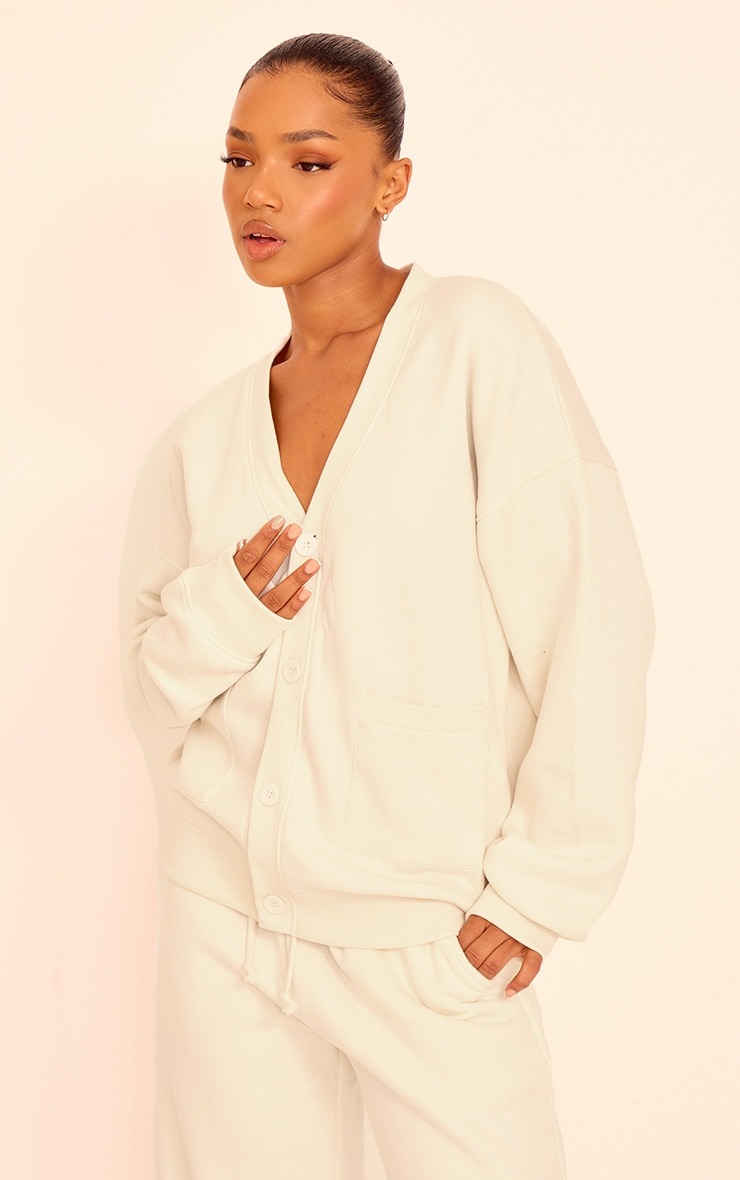 PrettyLittleThing Cream Button Front Pocket Sweat Cardigan