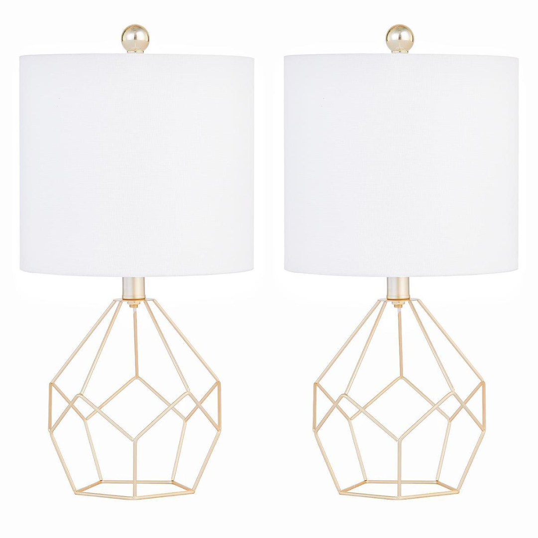 set of two table lamps with gold geometric bases and white shades