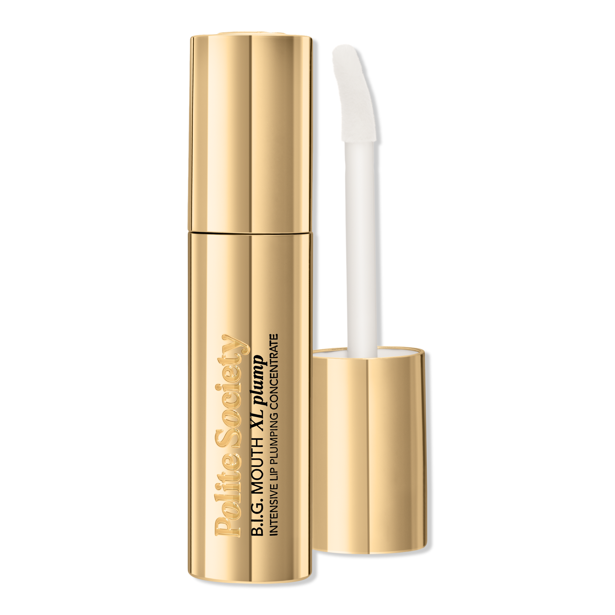 A gold tube of Rodial Big Mouth XL Plump lip-plumping concentrate stands open against black, its white applicator raised above the cap; sleek, luxurious beauty-product styling.