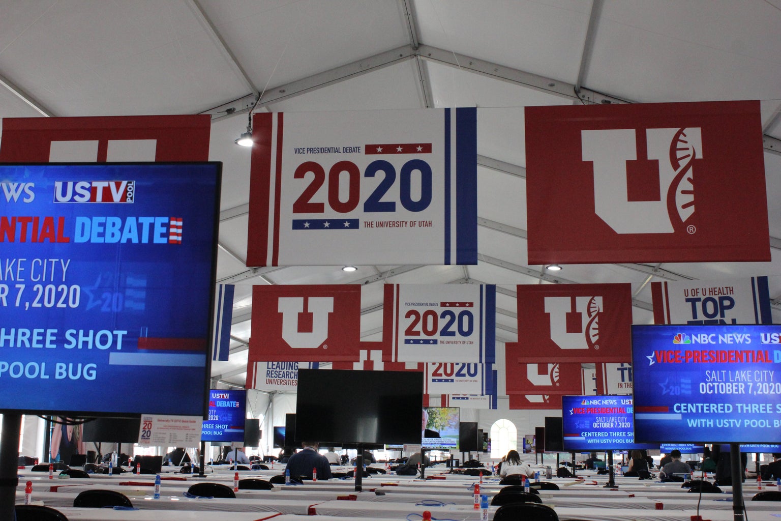 media tent interior at vice presidential debate 2020