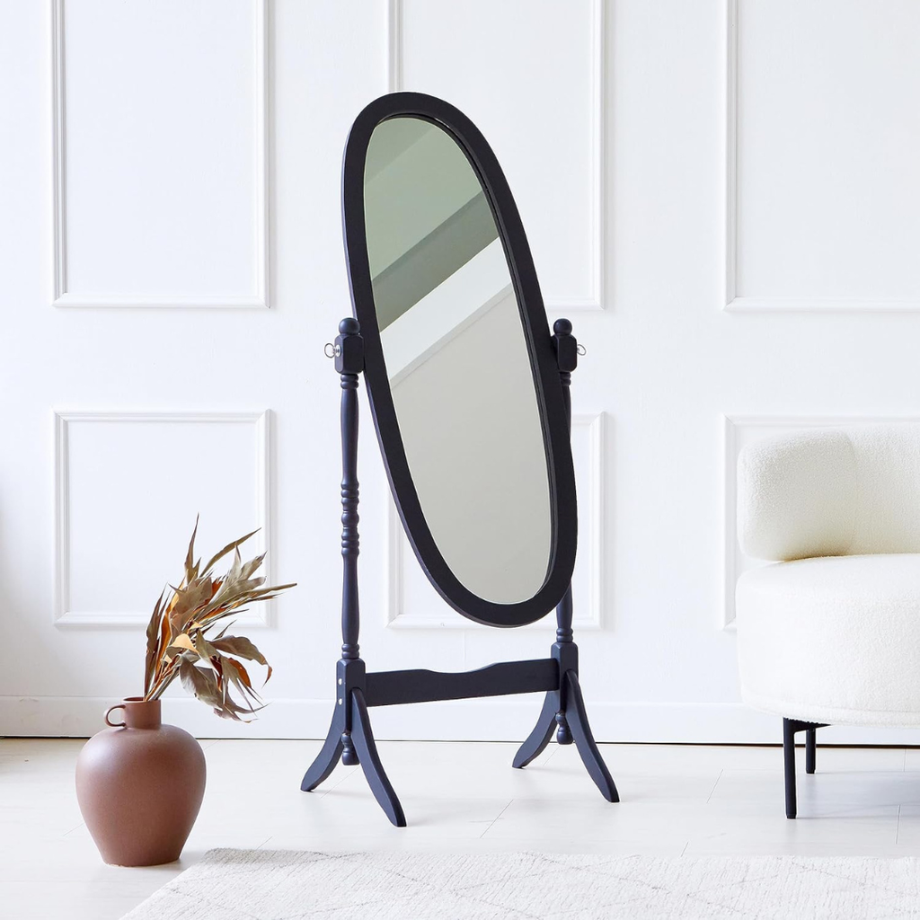 black rounded floor mirror with stand