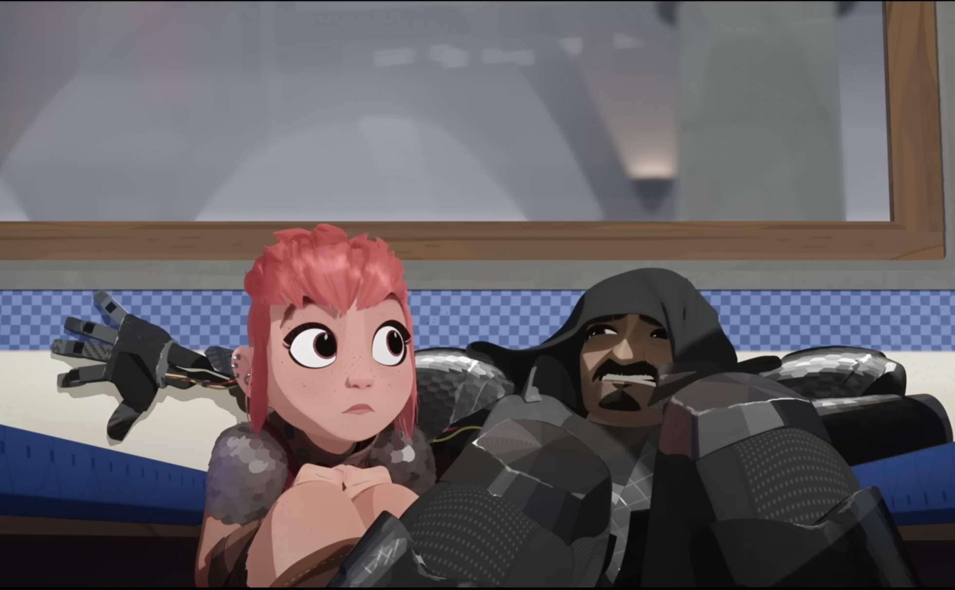 Nimona and Ballister from the movie \'Nimona\' on a train