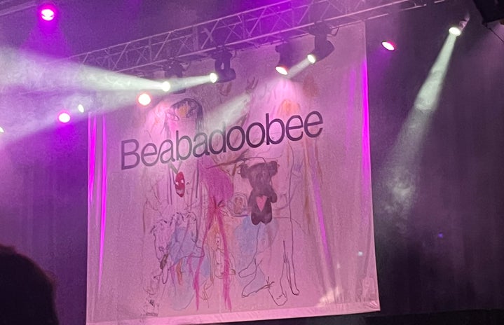 Beabadoobee banner at her concert at the Aztec Theatre in San Antonio, TX on March 31, 2023 featuring her Beatopia Album Cover.