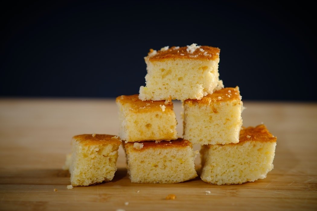 pyramid stack of corn bread squares on table