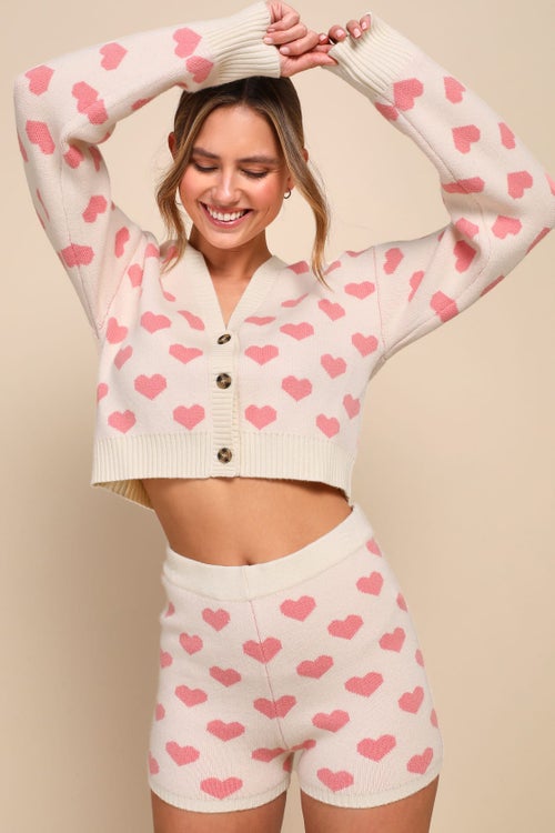 Lulus Loveable Babe Heart Print V-Neck Cardigan Sweater