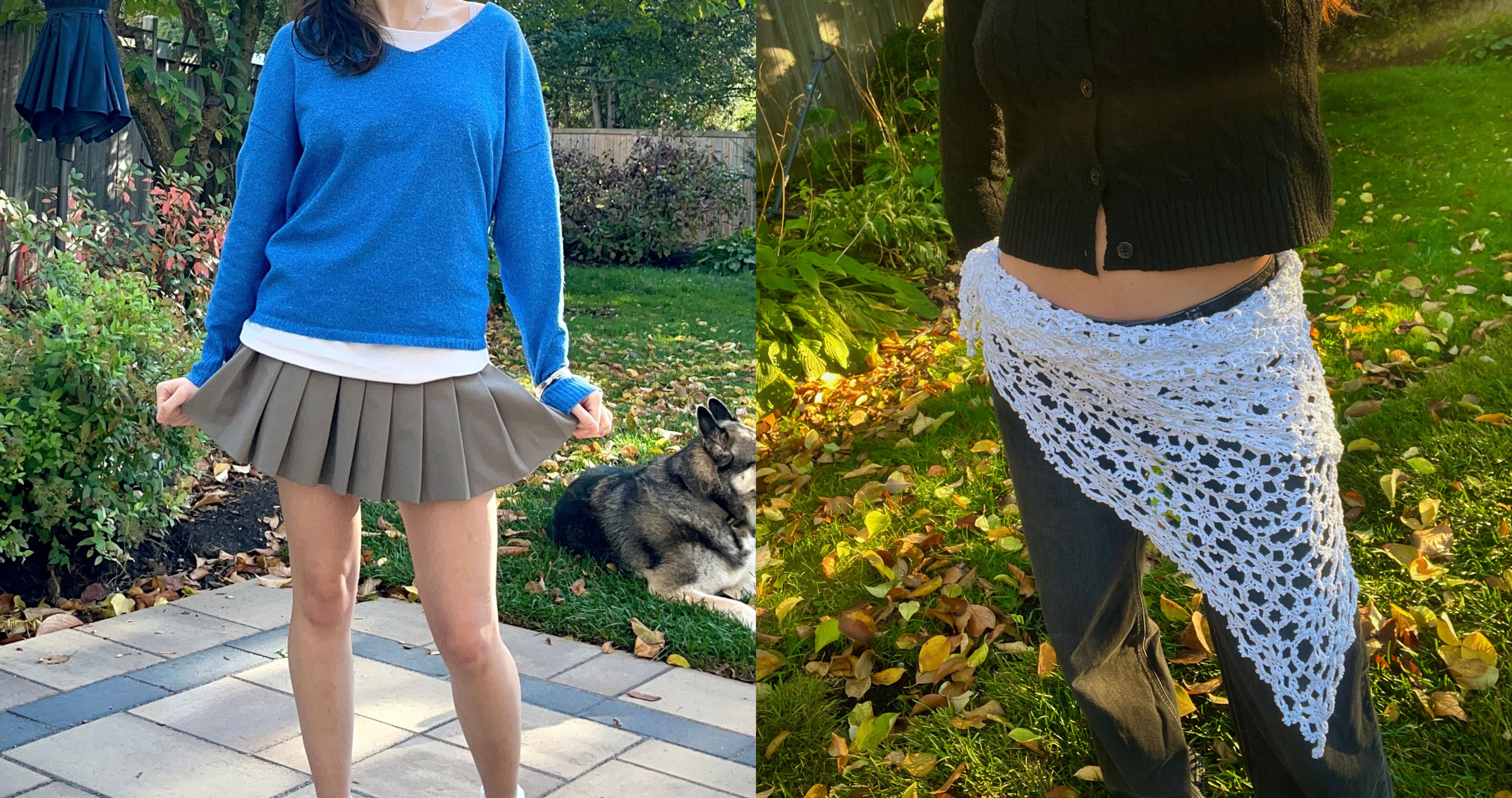 Collage of two photos portraying examples of layering outfits.