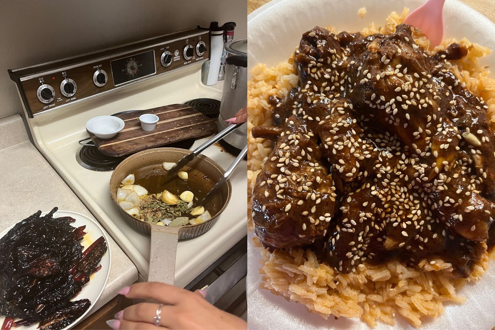A two-part image shows the process of making mole sauce. Left: stove with pot cooking onions, garlic, and spices; dried peppers on a plate. Right: mole-covered chicken garnished with sesame seeds on rice.