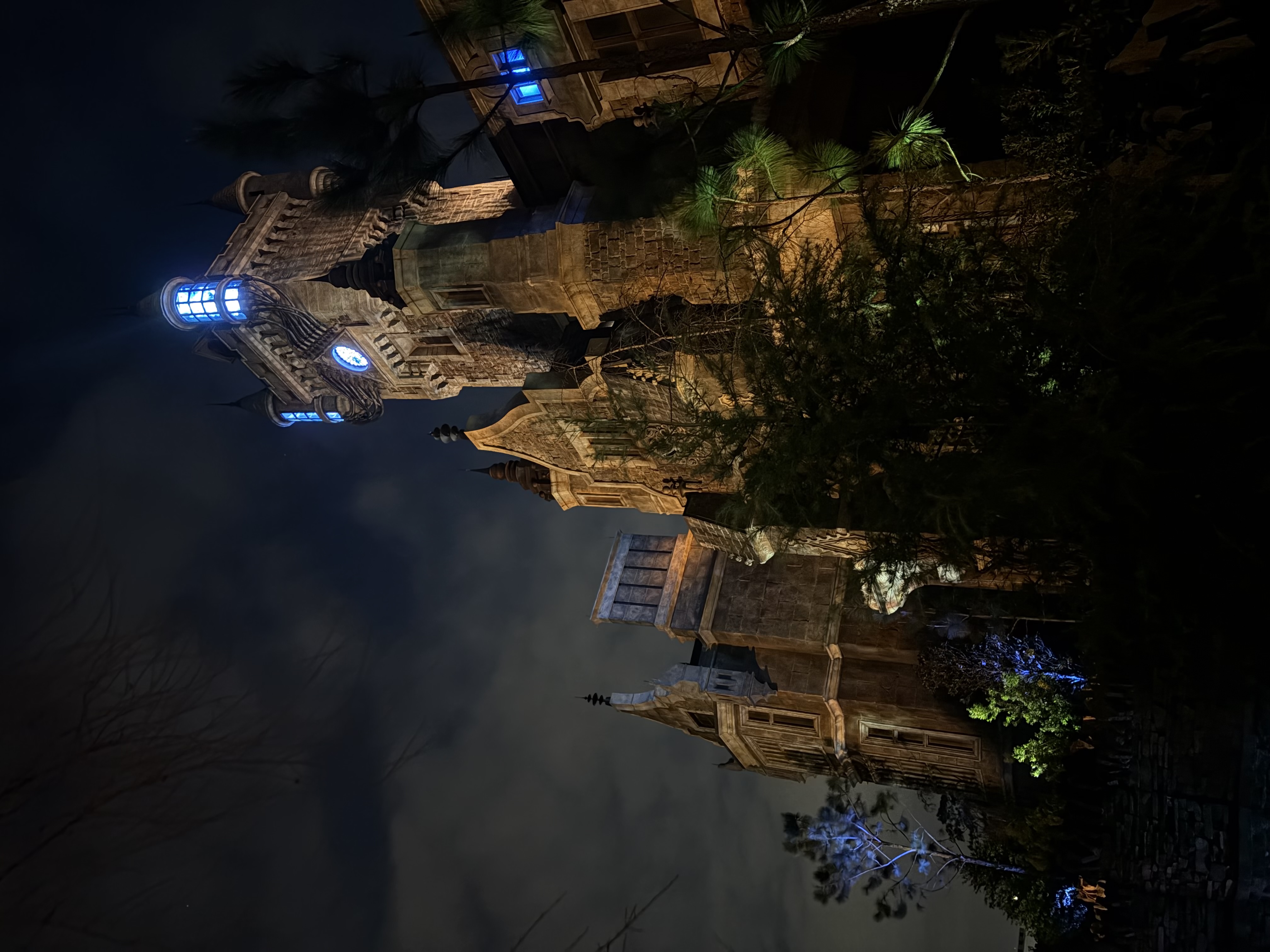 A castle tower at night