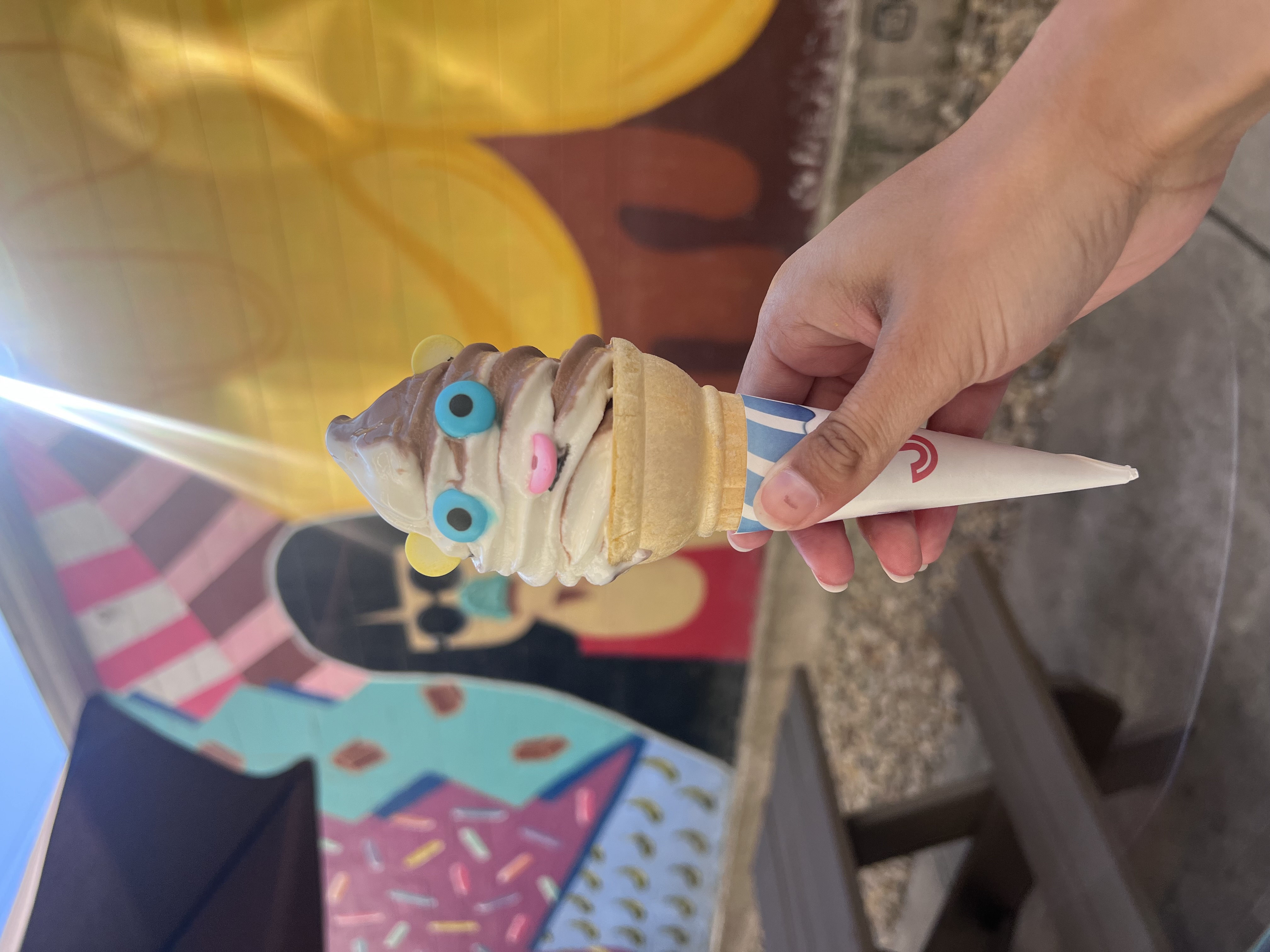 Chocolate Moose soft serve ice cream with candy eyes