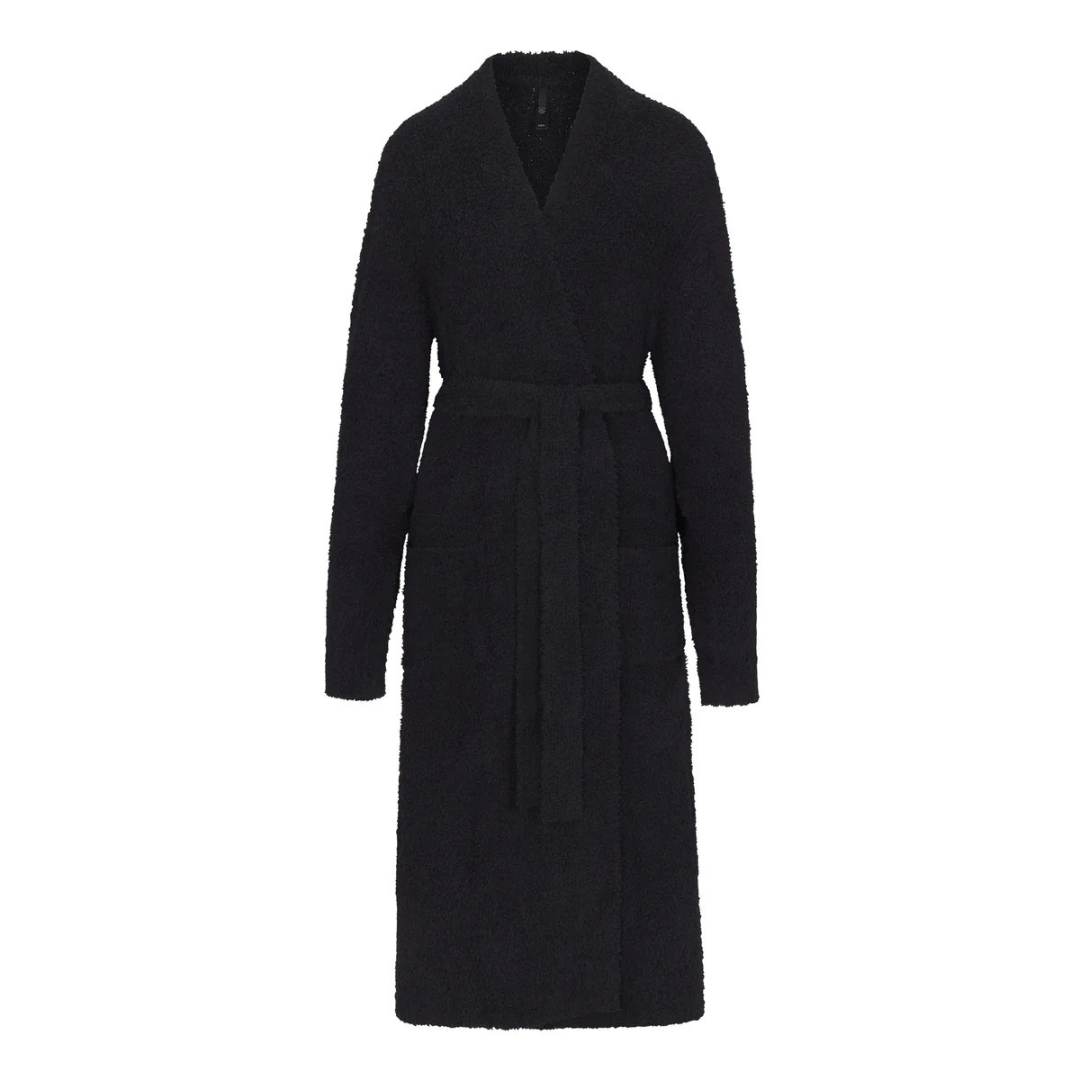 black fuzzy robe with tie waist