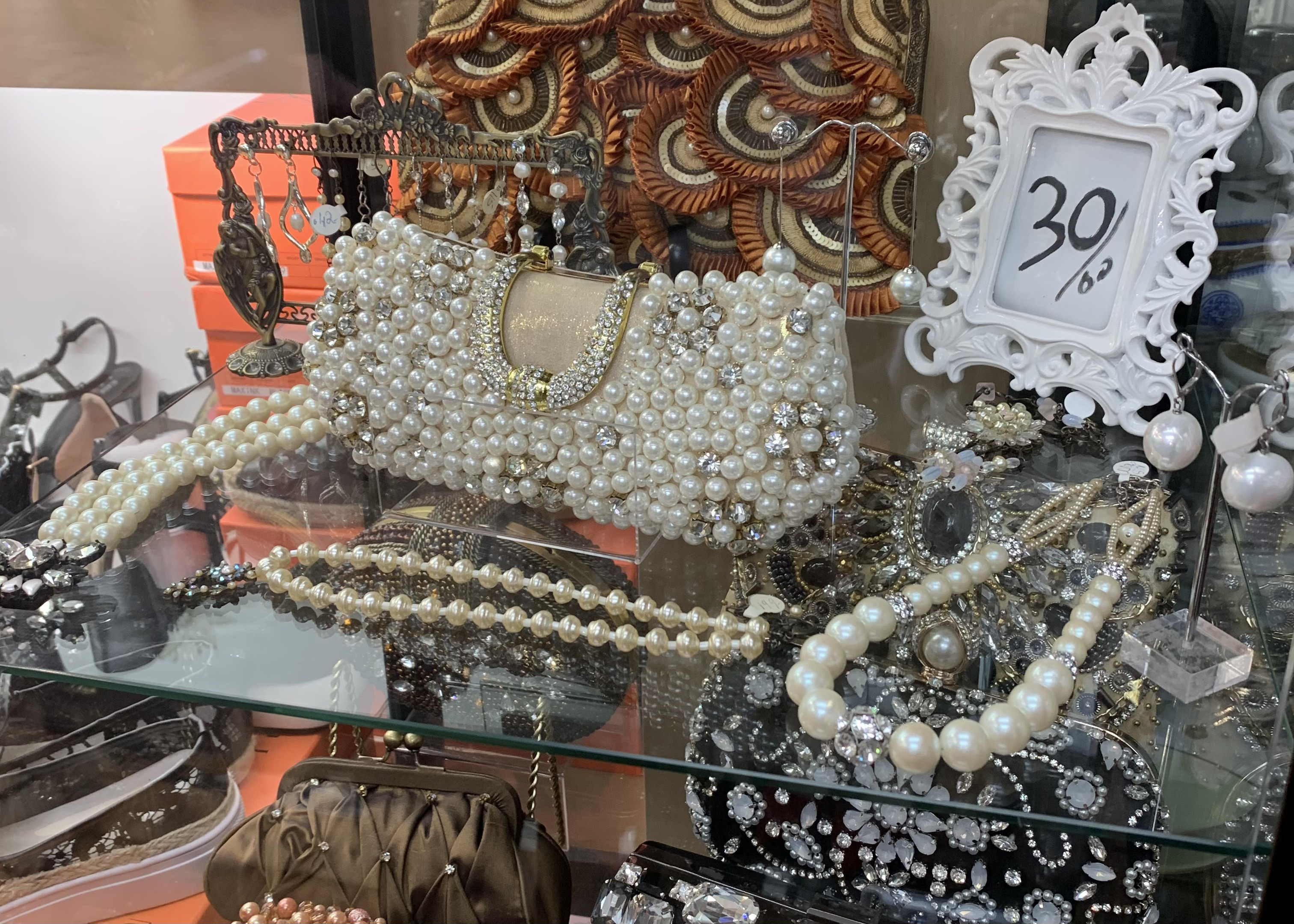 Vintage purses on a rack.