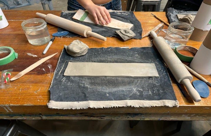 close up of clay making setup in a pottery studio