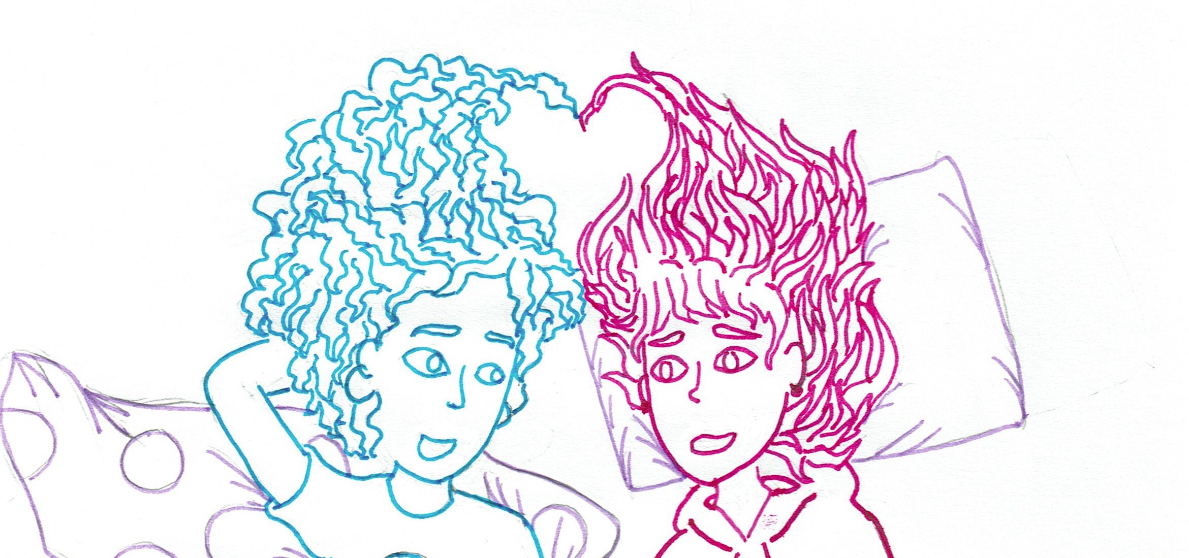 two girls laying together forming a heart with their hair