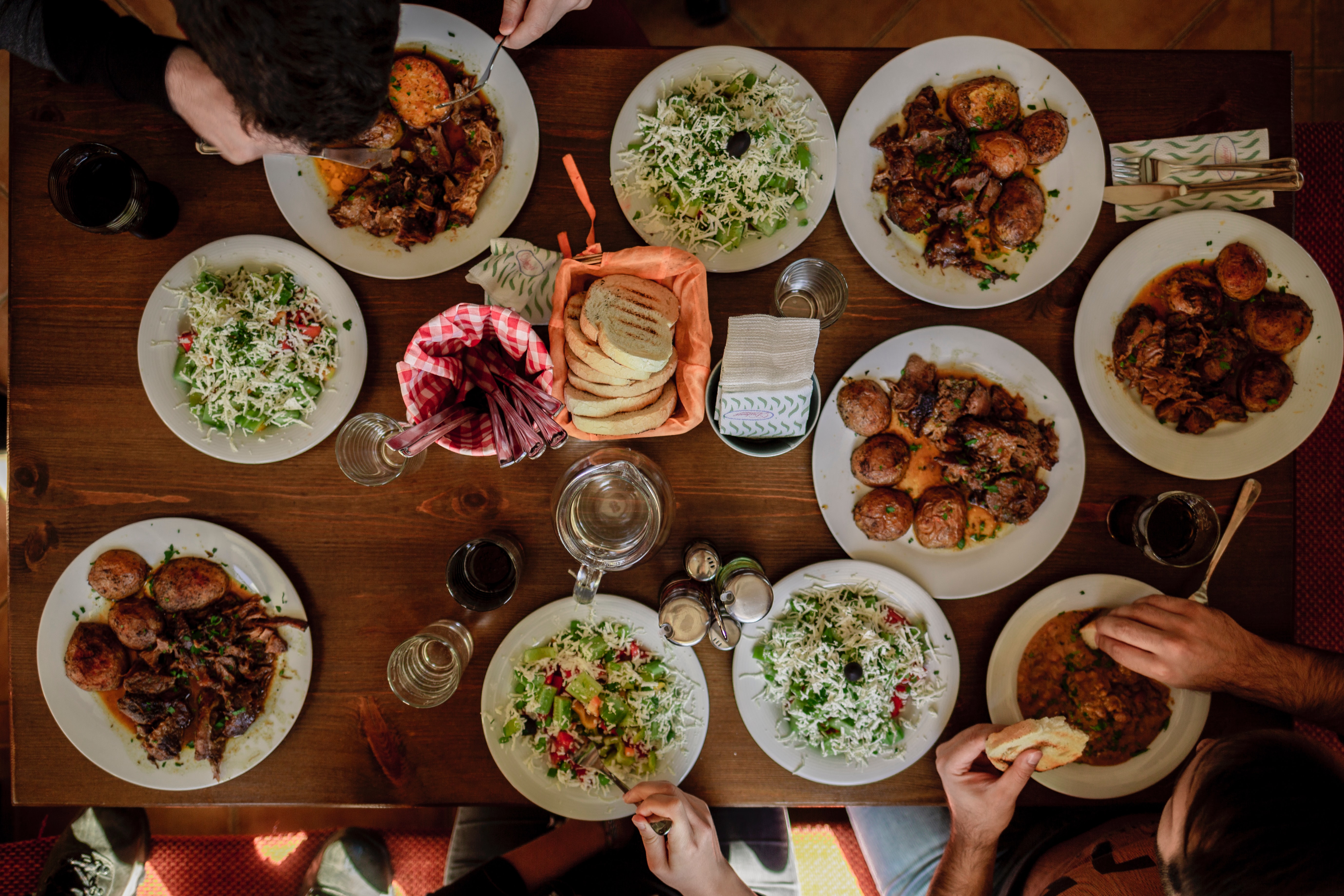 aerial view of plates on dinner table