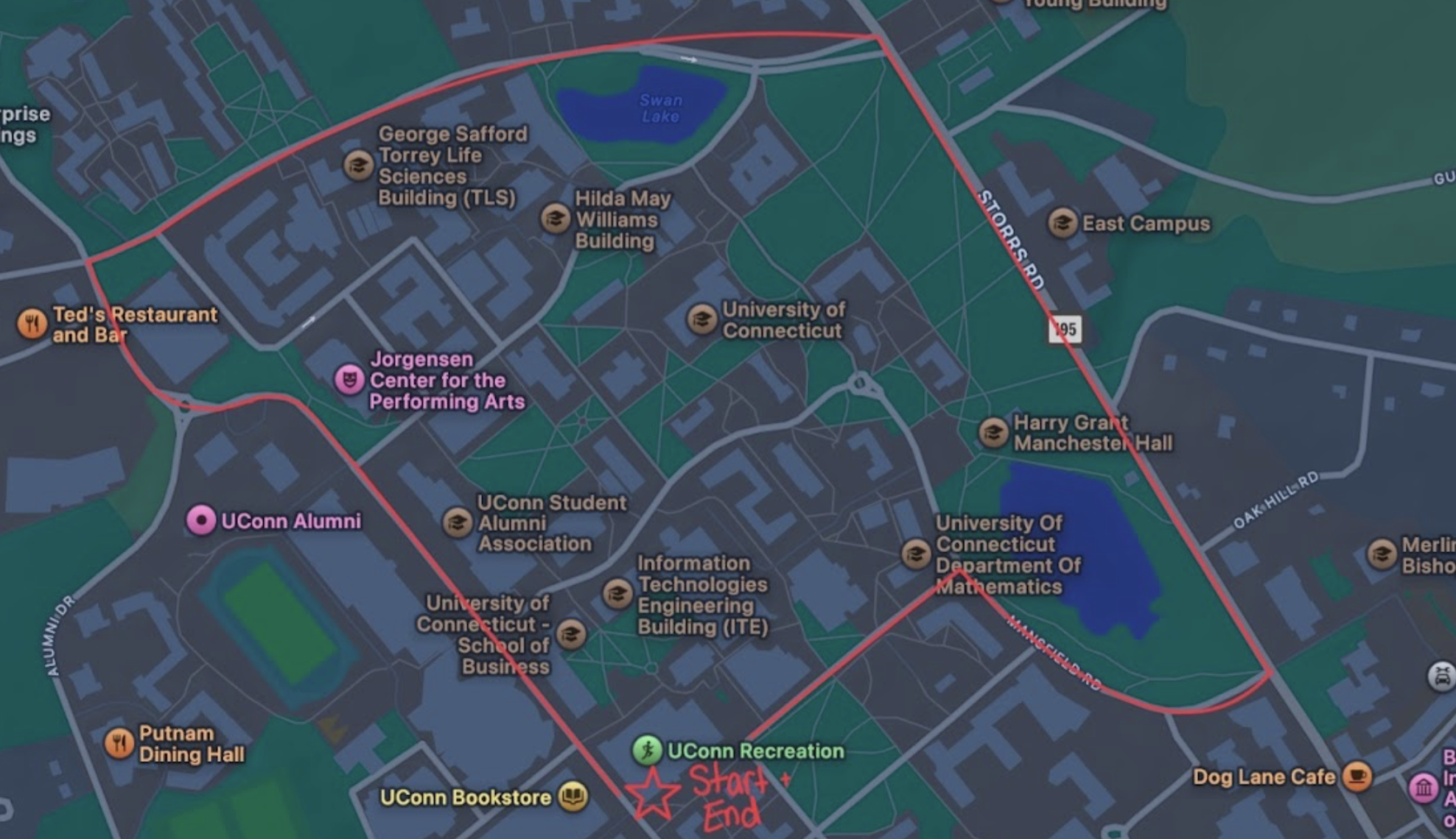 Map route of my walk around campus