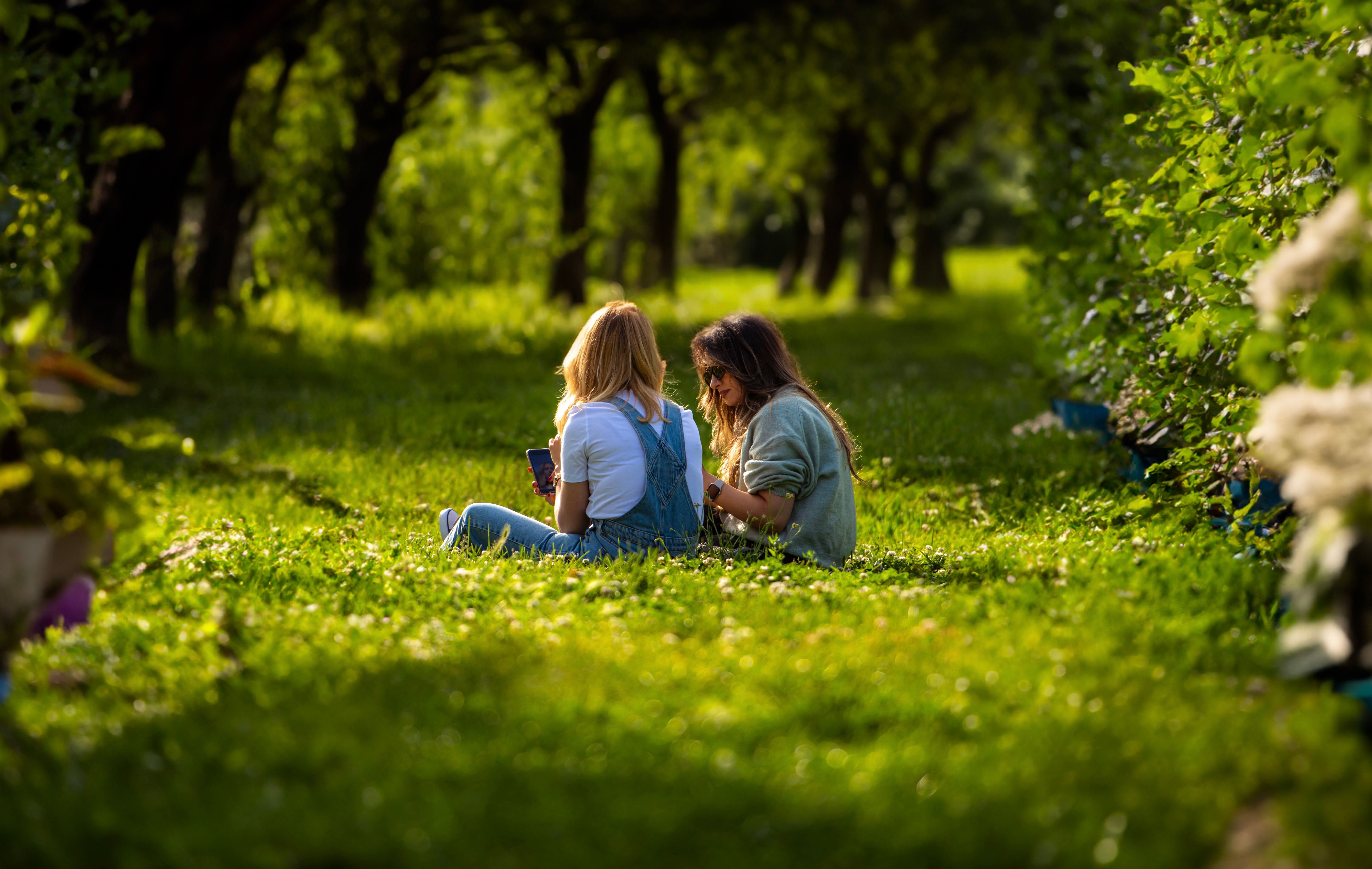 two people sitting in a grass field