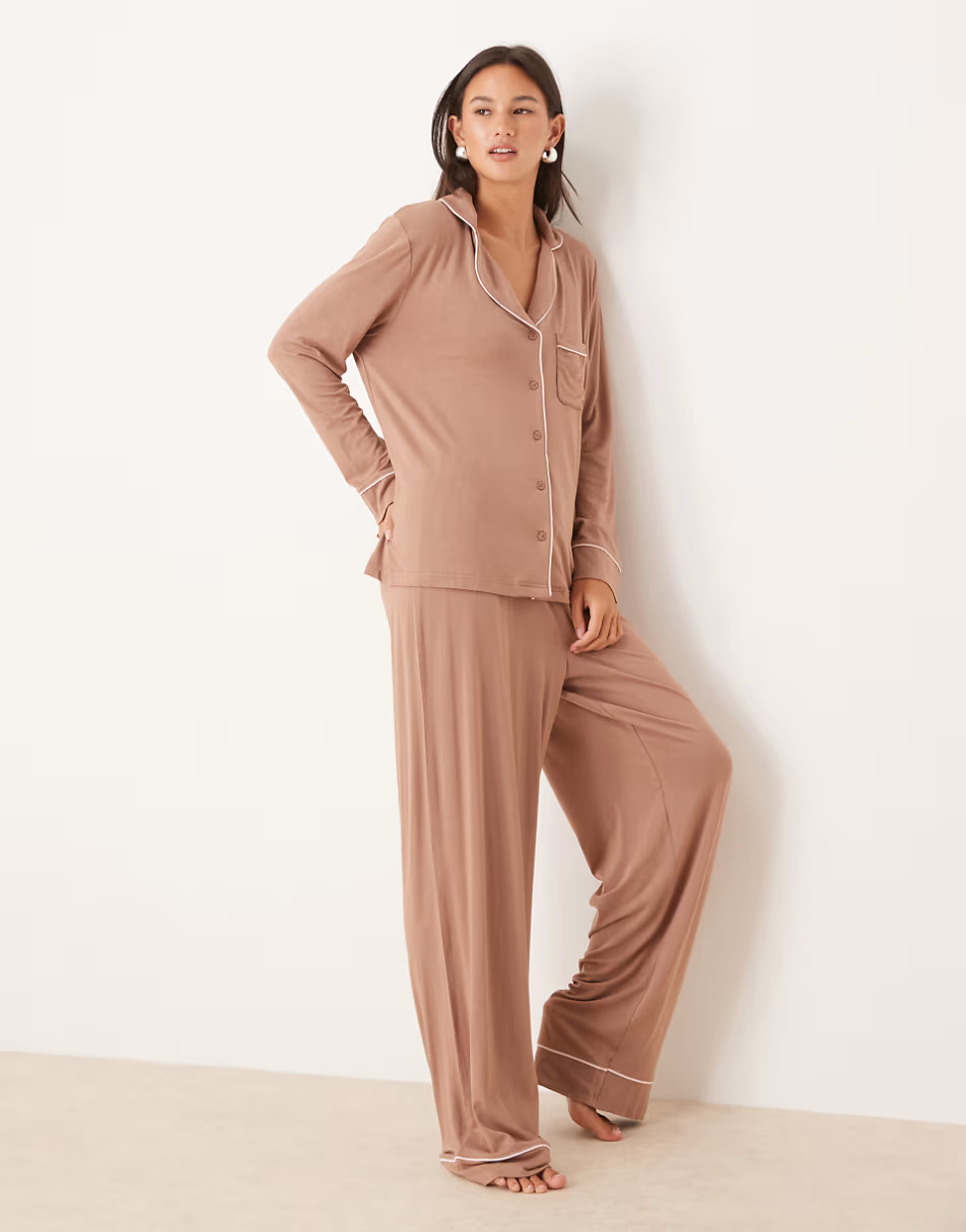ASOS DESIGN long sleeve super soft pajama set in brown