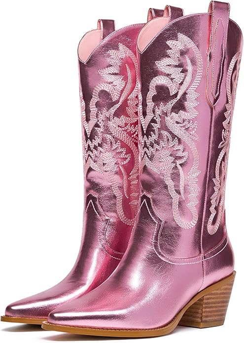 GOSERCE Metallic Cowboy Boots Pink