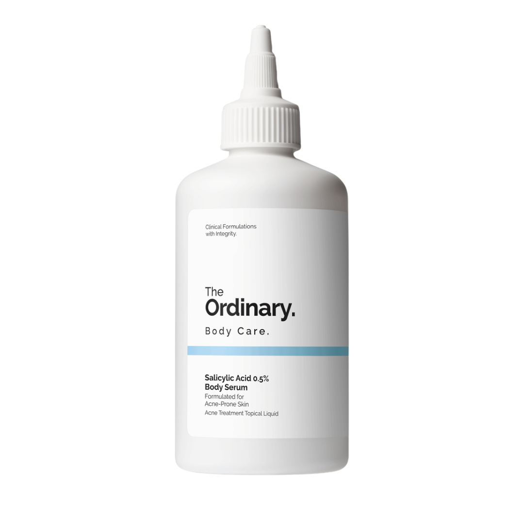White plastic bottle of The Ordinary Salicylic Acid 0.5% Body Serum. Label features black text and a blue accent, highlighting acne treatment use.