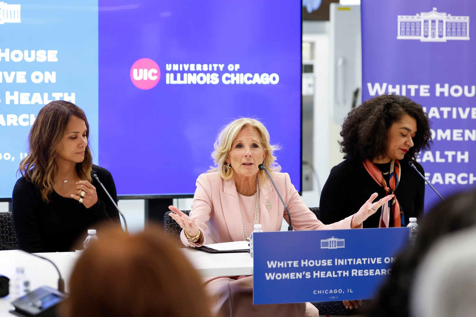 First lady Jill Biden and Halle Berry during a roundtable discussion highlighting women\'s health research at University of Illinois on January 11, 2024 in Chicago, Illinois.
