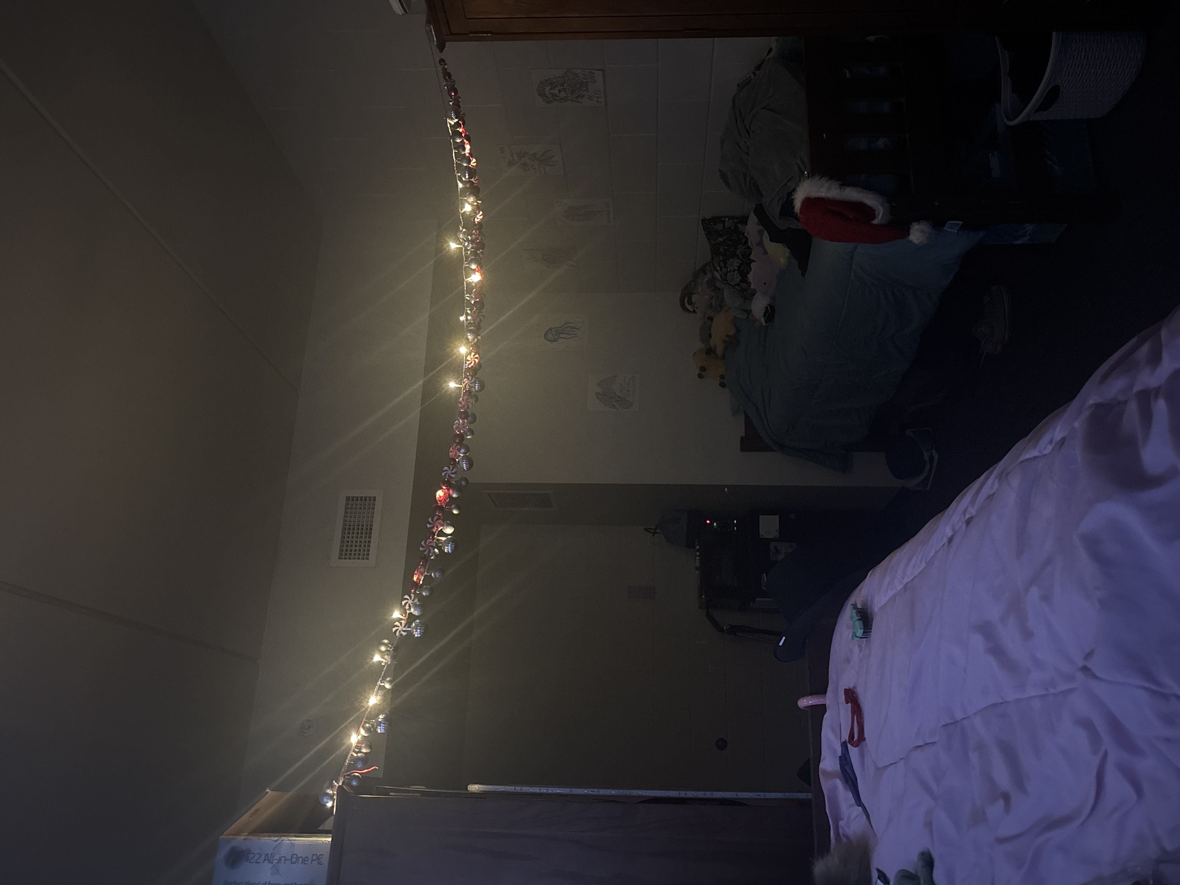 A set of Christmas string lights hanging across a dorm