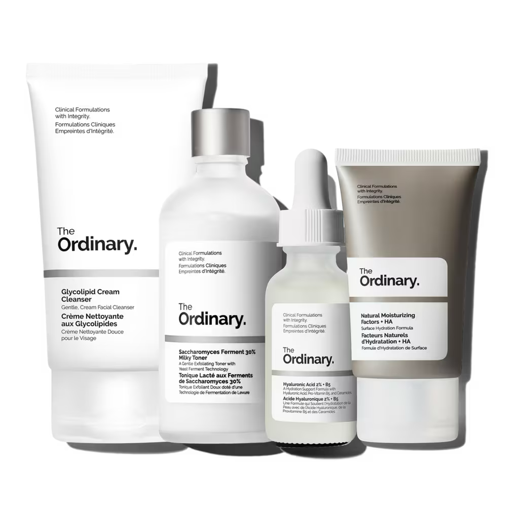 the ordinary The Winter Skincare Gift Set for Hydration: Hyaluronic Acid 2% + B5 (1.0 oz) Natural Moisturizing Factors + HA (1.0 oz) Saccharomyces Ferment 30% Milky Toner (3.4 oz) Glycolipid Cream Cleanser (1.7 oz) A Complimentary Pouch