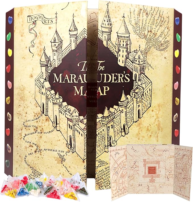 yellow Marauder\'s Map with jellybeans in front of it