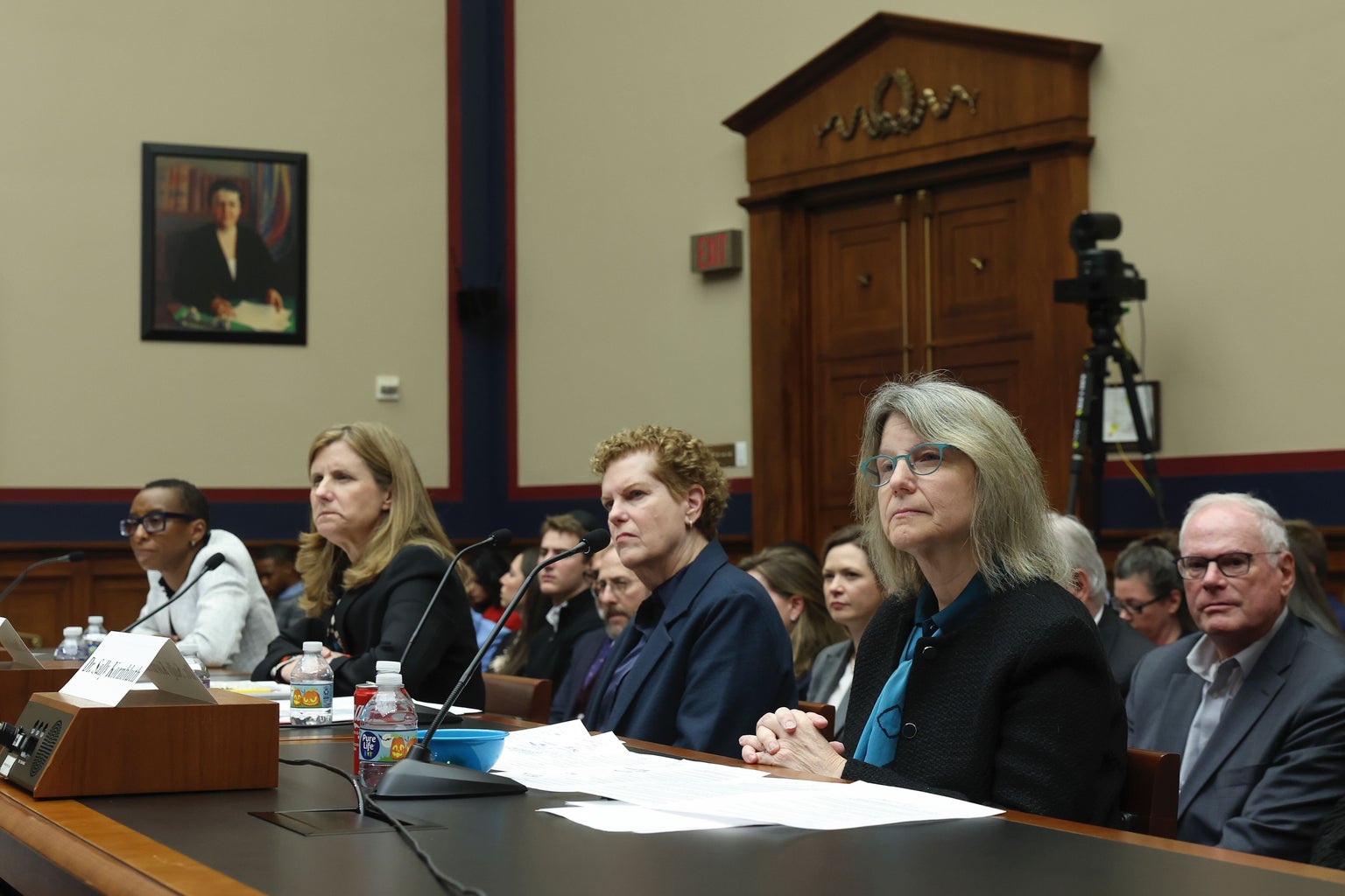 Dr. Claudine Gay, President of Harvard University, Liz Magill, President of University of Pennsylvania, Dr. Pamela Nadell, Professor of History and Jewish Studies at American University, and Dr. Sally Kornbluth, President of Massachusetts Institute of Technology, testify before the House Education and Workforce Committee at the Rayburn House Office Building on December 05, 2023 in Washington, DC. The Committee held a hearing to investigate antisemitism on college campuses.