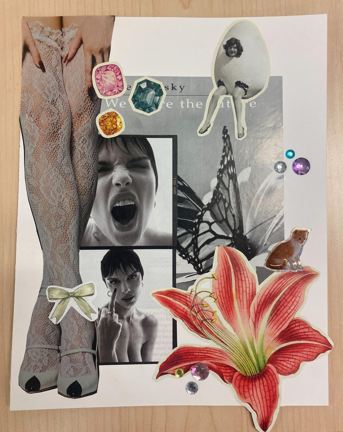 collage flatlay with flowers and lace