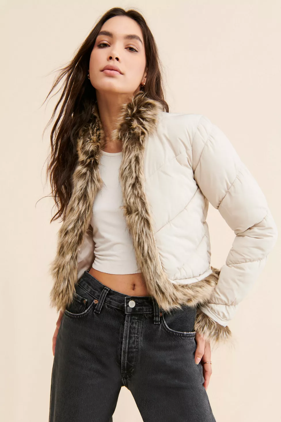 UO Katrina Faux Fur Trim Puffer Jacket