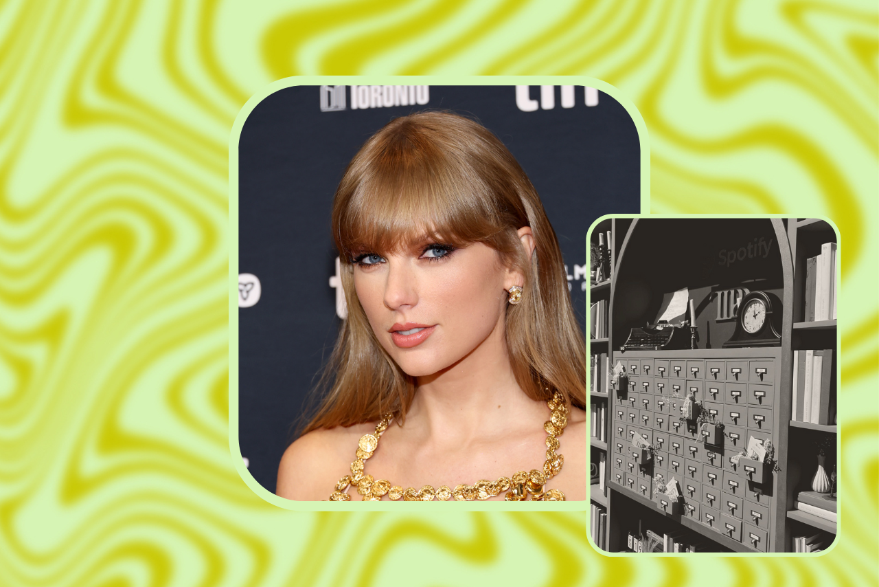 Taylor Swift + a photo of a Dewey Decimal System at her \'TTPD\' library pop-up