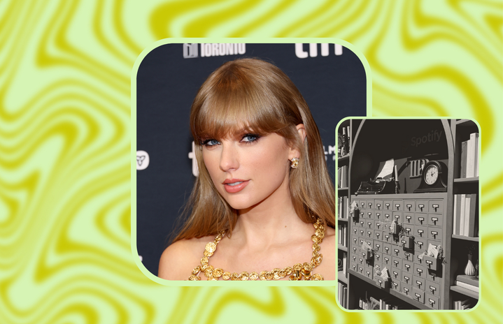 Taylor Swift + a photo of a Dewey Decimal System at her \'TTPD\' library pop-up