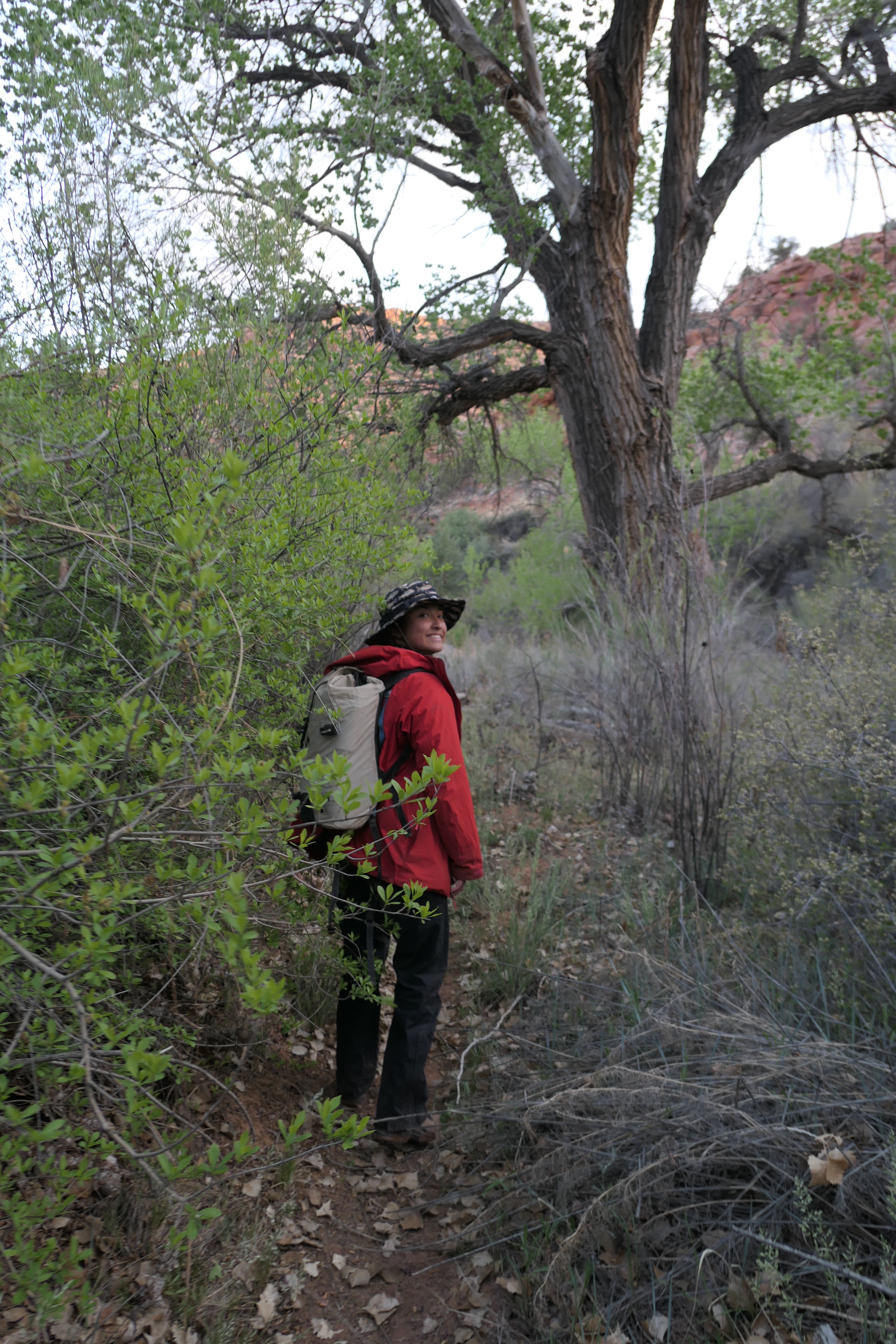 Girl standing in forest looking back at camera