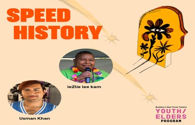 Text reading \"SPEED HISTORY\". Photos of leZlie lee kam and Usman Khan over background and illustrated image of a yellow face with flowers.