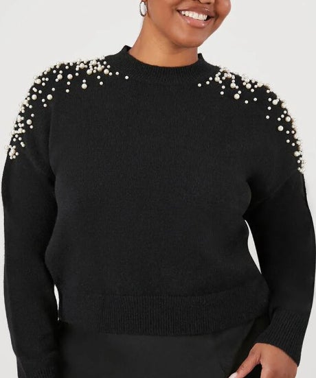 black sweater with rhinestones on shoulder